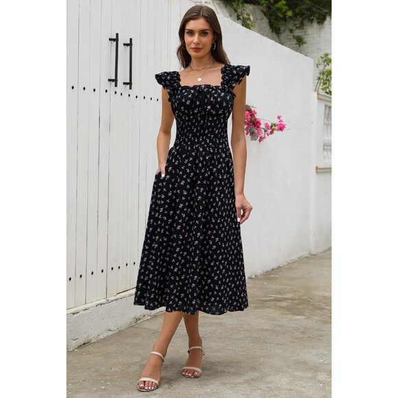 Women's Flowy Maxi Dress Summer Ruffle Square Neck Smocked Waist Beach - Picture 2 of 6